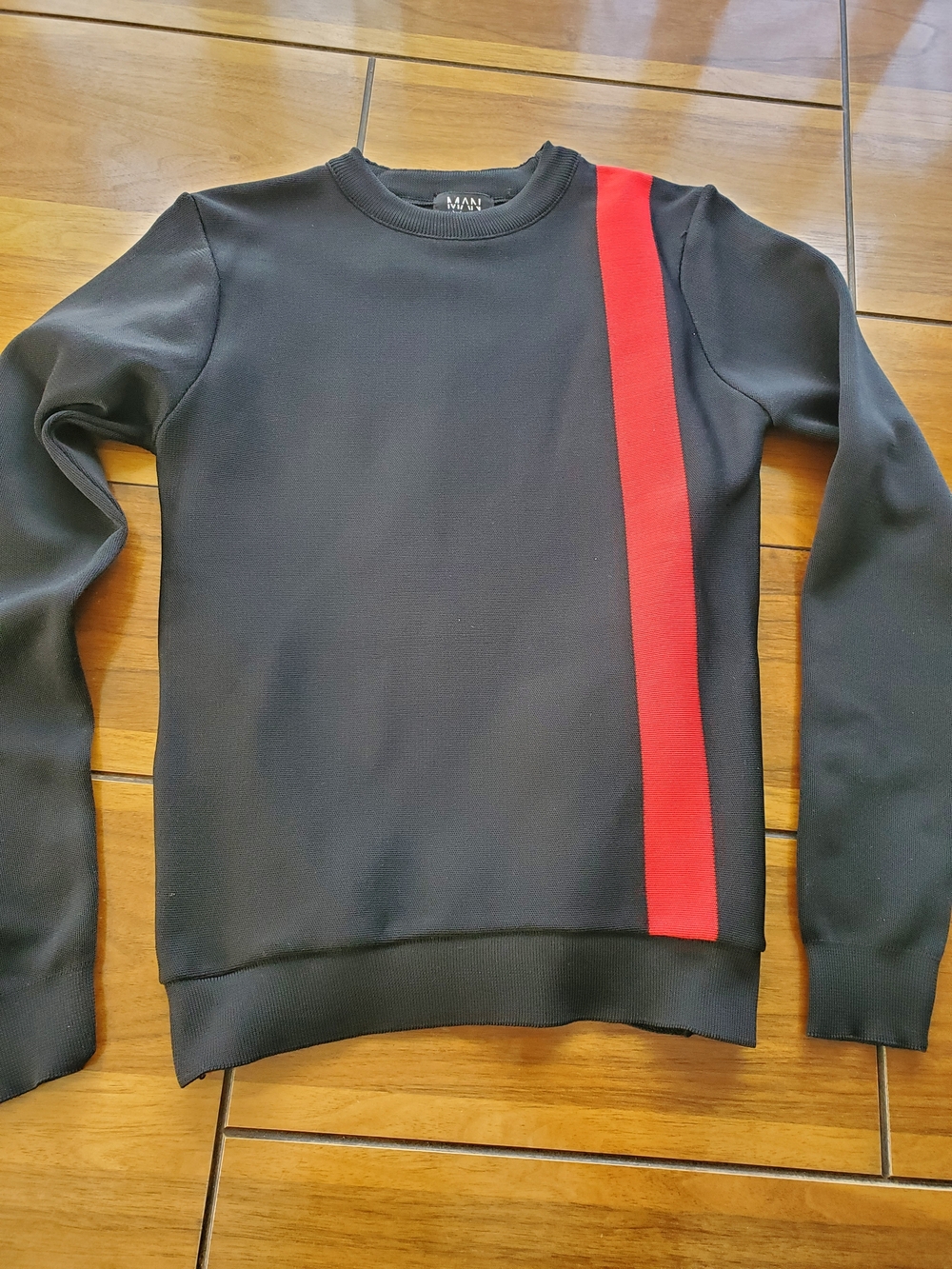 Black Slim Fit Crewneck Sweater with Red Stripe